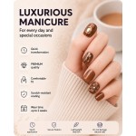 Maillard Brown Short Square‑Oval Press‑On Nails, 3D Flower & Metal Decor Retro Autumn Winter False Nails